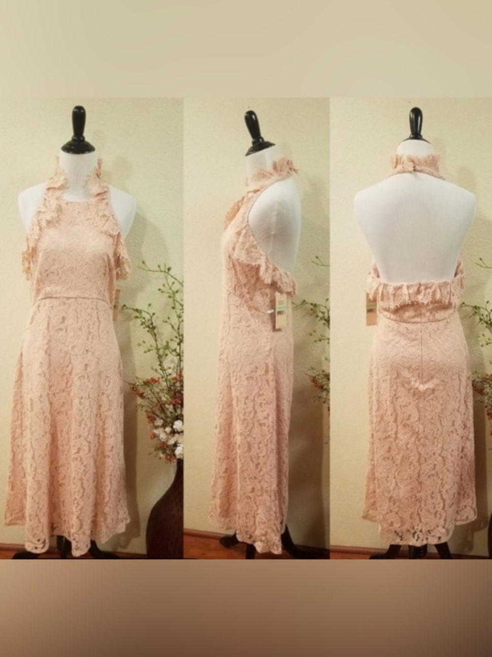 Nanette Lepore Women’s Size 16 Halter Ruffled Blush Lace Backless Midi Dress